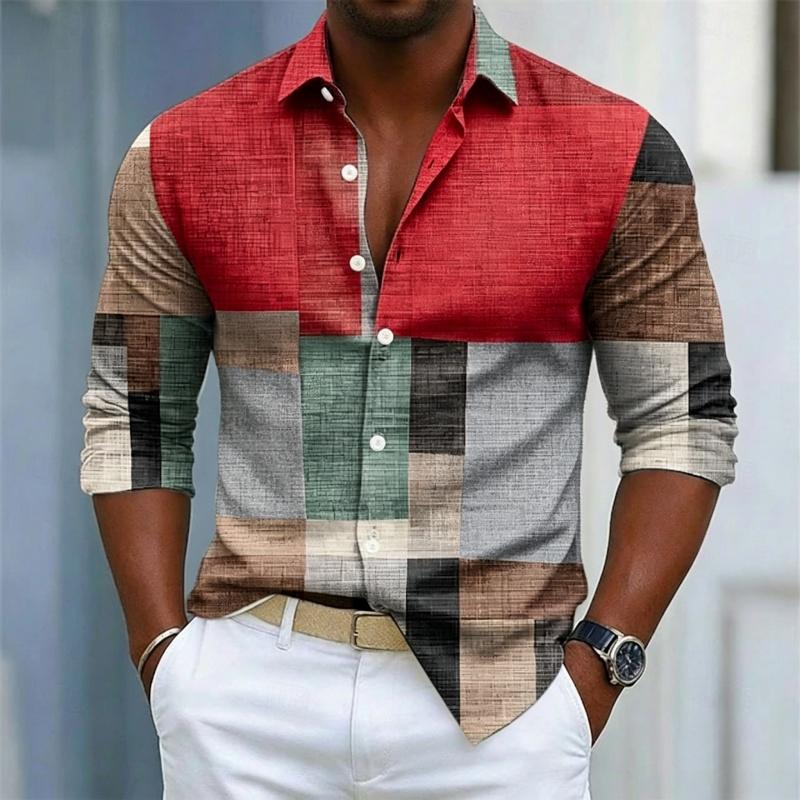 Men's Collar Long Sleeved Shirt with Color Block Splicing and Geometric Printing, Casual Loose Fit Shirt Suitable for Street and