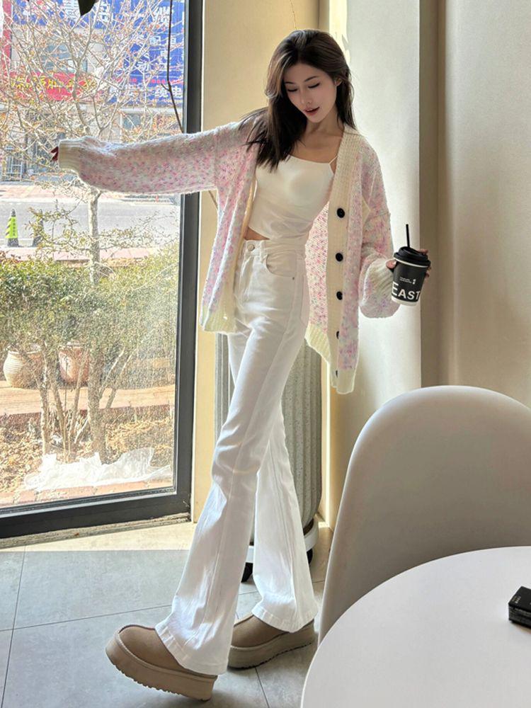 Plus Size Women's Elastic White Micro Flare High Waist Jeans - Slimming Autumn 2025 Collection