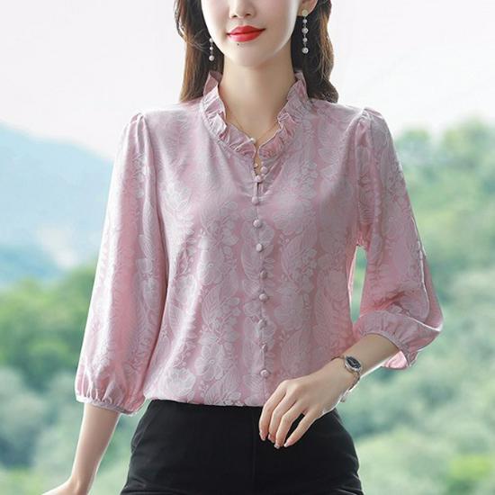 Women's Satin Three-Quarter Sleeve Ruffled V-Neck Top - French Style, Spring Collection, Flattering Fit