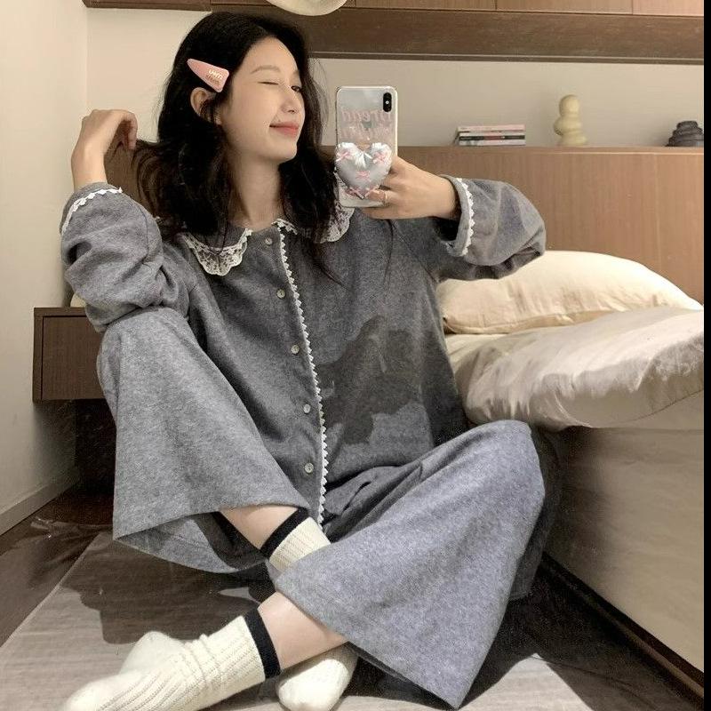 

Korean-Style Lace Trim Cotton Cardigan Pajama Set - Women s Long Sleeve, Light Homewear for Spring & Autumn Size XL-XXL