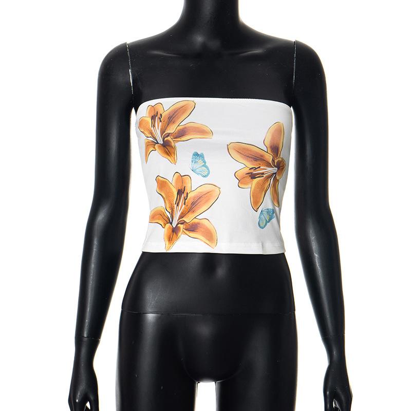 Floral Bow Print Sleeveless Chest-wrapped Mini Vest