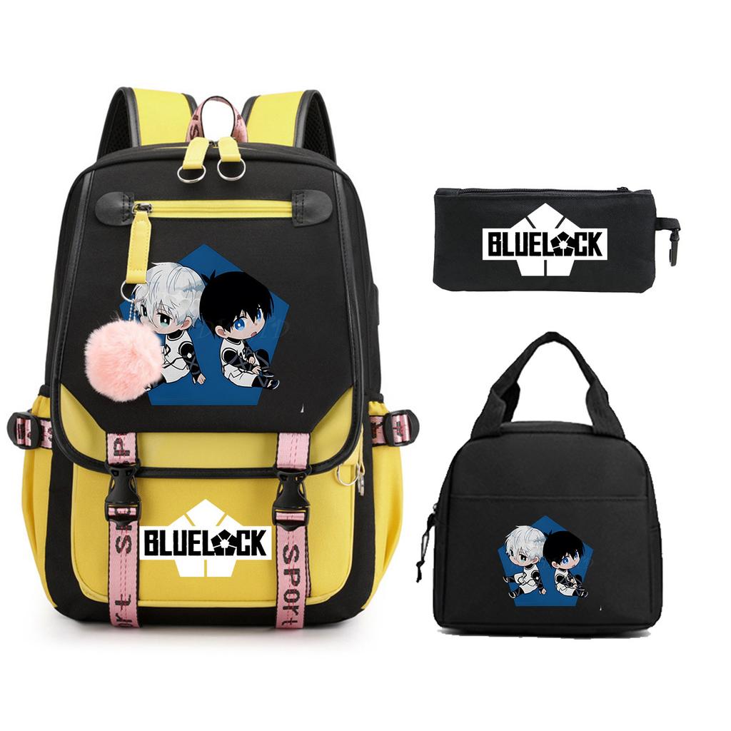 Blue Prison Student School Bag Children'S Meal Bag Casual Pencil Bag Three-Piece Set