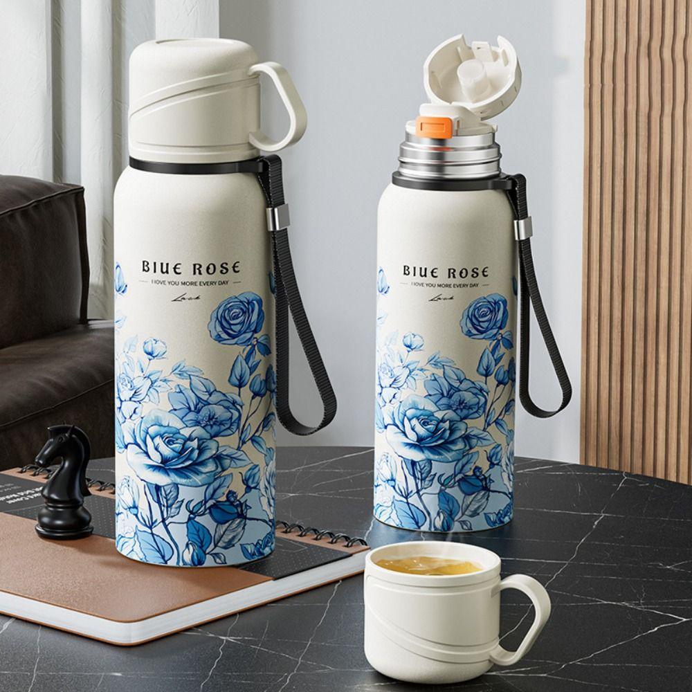 620ml Flower Pattern Thermos Bottle Stainless Steel Thermal Cup Portable Travel Mug Outdoor