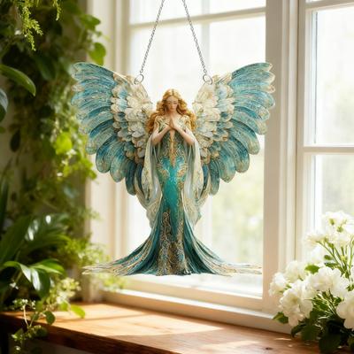 Andělská dívka Akrylový lapač slunce Efekt vitráže Okenní závěsná ozdoba do auta Zahradní panel lapače slunce pro vnitřní a venkovní dekoraci