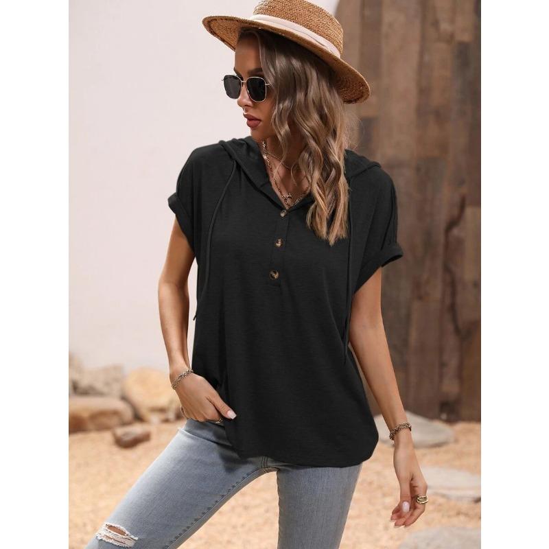 Summer Short Sleeved Hooded Women T-shirt New Loose Buttons Casual Simple T Shirt Female Plus Size Tops Women's Clothing 3267