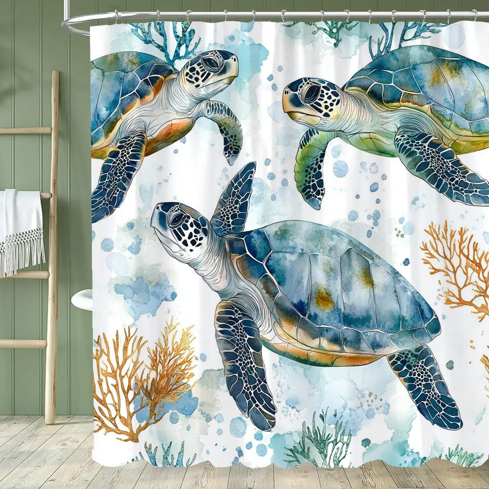 Underwater World Dolphin Turtle Shower Curtain,Ocean Animals Polyester Fabric Bathroom Curtains for Home Decoration Curtain