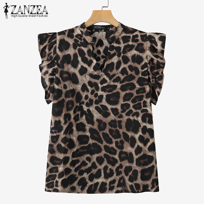 ZANZEA Womens Summer Casual Sleeveless Leopard Print Blouse
