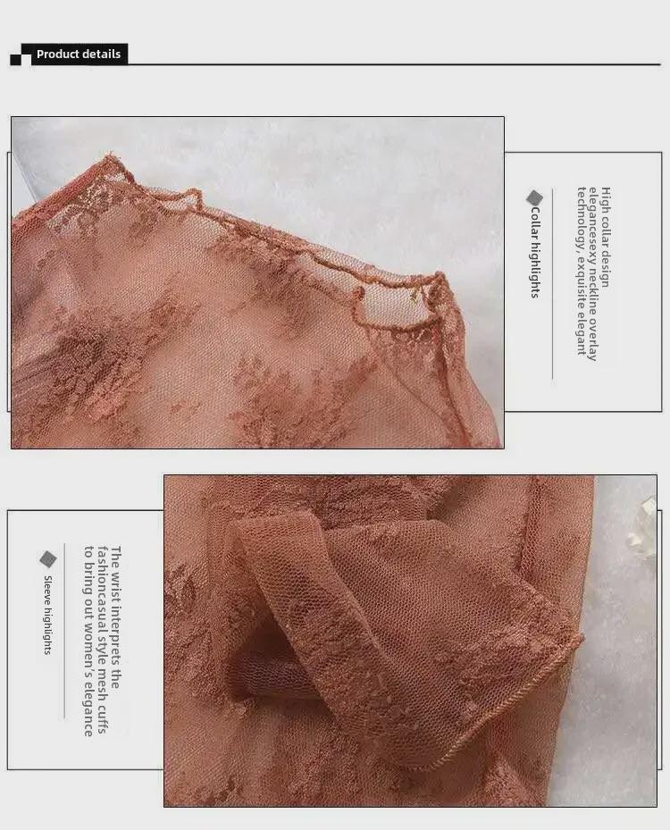 Four Seasons Lace Mesh Semi-High Neck See-Through Long Sleeve Korean-Style Blouse