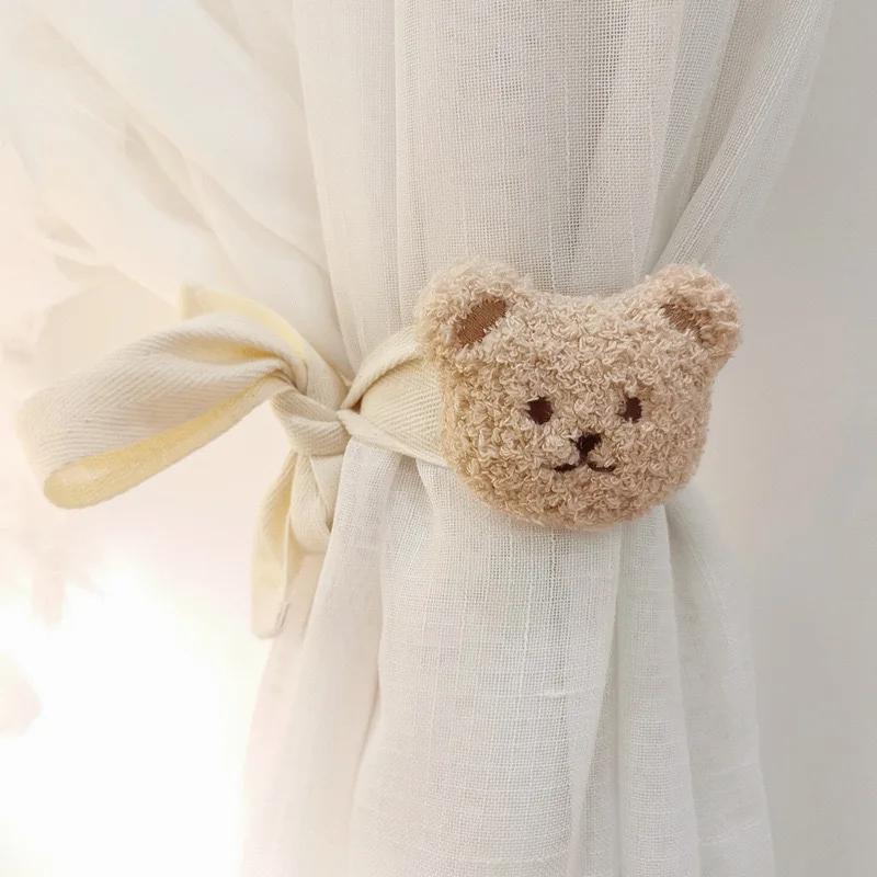 Cute Khaki White Warm Color Plush Bear Flower Curtain Tie Kids Girl Bedroom Livingroom Curtain Folding Bind Rope Home Decoration