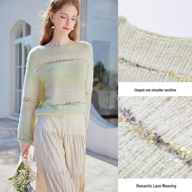 Women's Gradient Green Wool Blend Off-Shoulder Knit Sweater