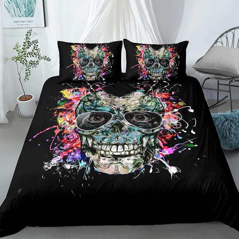 Skull Duvet Cover King Halloween Comforter CoverGothic Fog Smoke Skull Skeleton Bedding SetGrey Quilt Cover Room Decor 2/3pcs