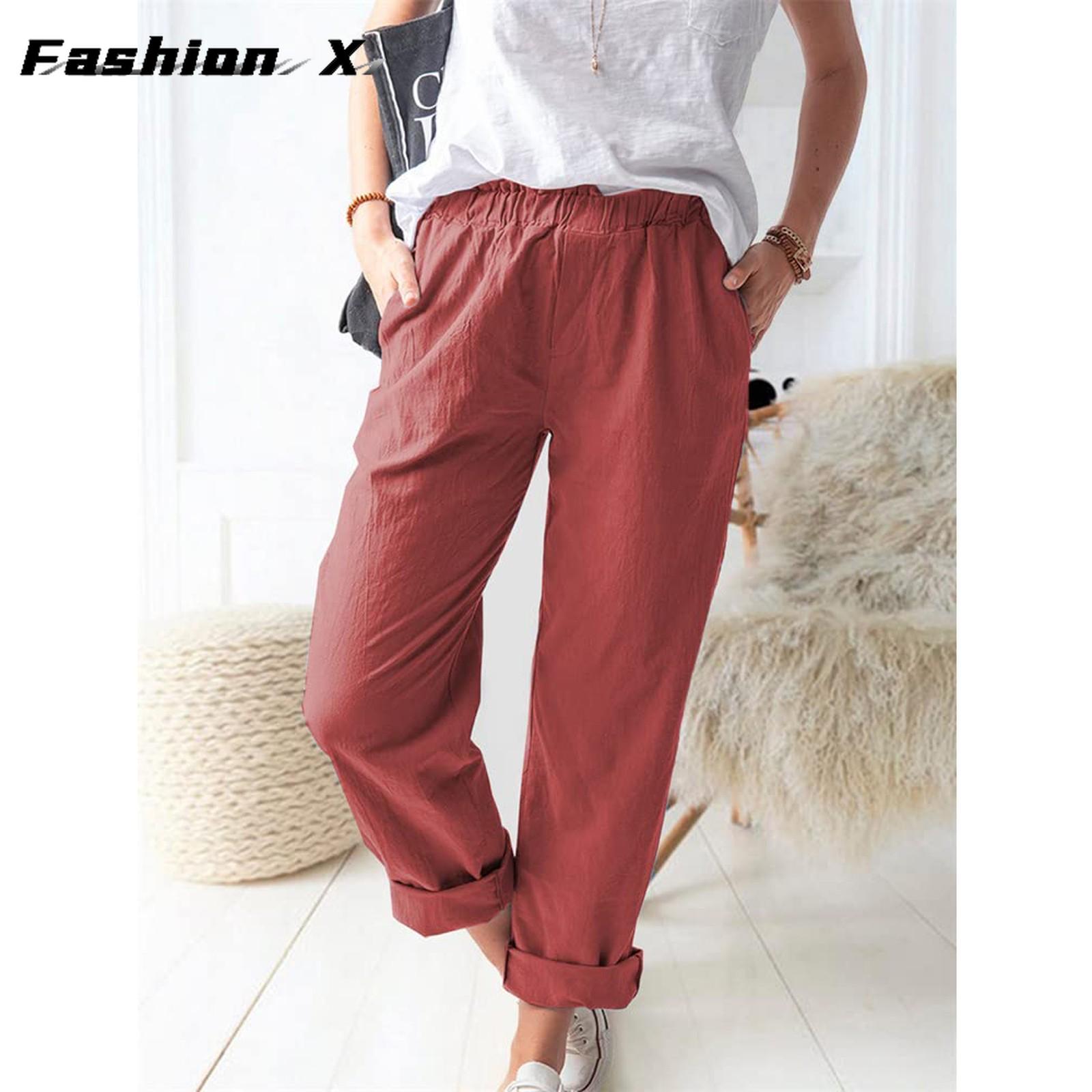 

Женские брюки, свободные широкие брюки, повседневные эластичные хлопковые льняные брюки M красный