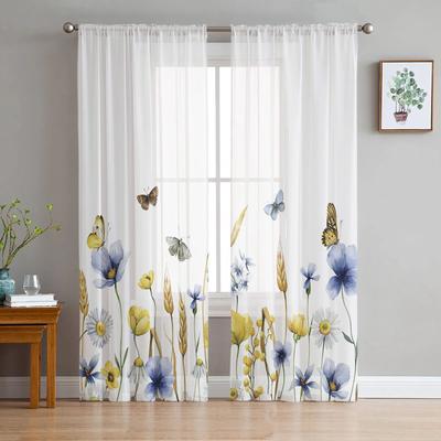 Cortinas transparentes de espiga de trigo com borboletas e flores para sala de estar, quarto, cortina de tule para cozinha, painéis de cortina de voile