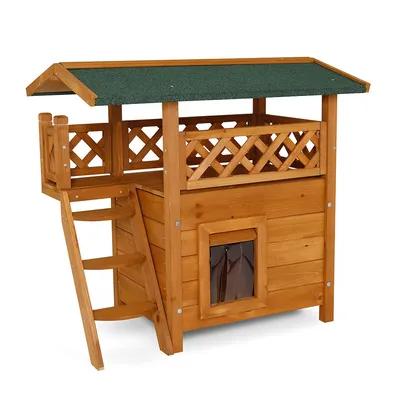 lionto Wooden Cat House with Waterproof Roof and Resting Areas, Brown, 76 x 50 x 72 cm