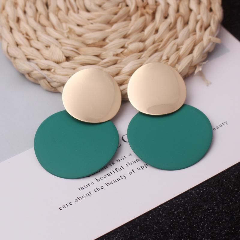 

9Colors Double Round Wafer Drop Earrings for Women European American Colorful Geometry Metal Hyperbole Brincos Party Jewelry зелений