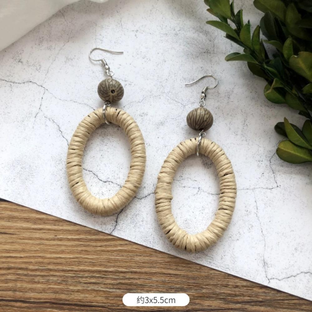 Vintage Mori Grass and Rattan Woven Handmade Earrings Bohemian Vacation Style Stud Earrings Female Ethnic Style Summer Ear Jewelry
