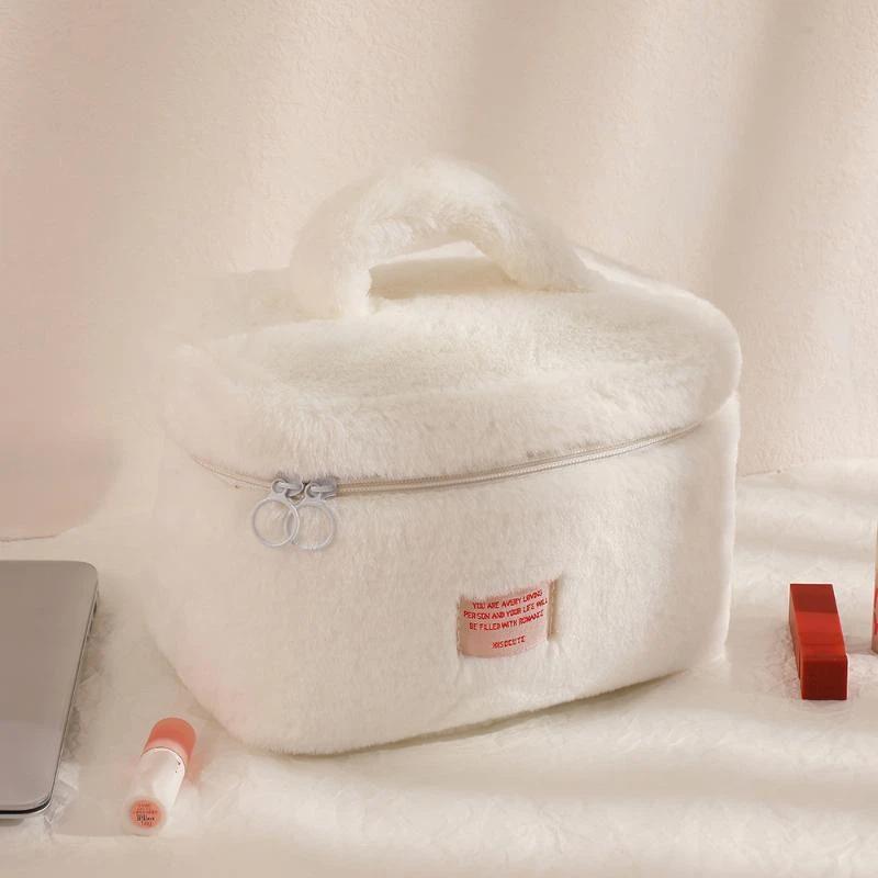 Soft Plush Large Capacity Makeup Bags For Women Daily Cosmetics Organizer Simple Style Tote Travel Toiletry Bag