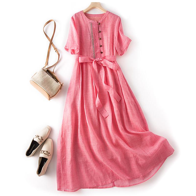 2026 Summer Ethnic Ramie Slim-Fit Long Dress - Women's Waist-Cinching, High-End Style
