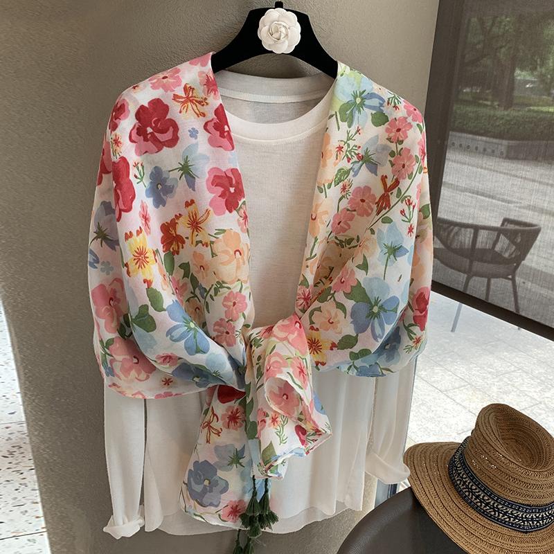 Elegant Women Silk Scarf Wrap Shawl Sweet Floral Print Sunscreen Bandanas Hijab Mujer Scarve Pareo Headscarf Boho Travel Korean