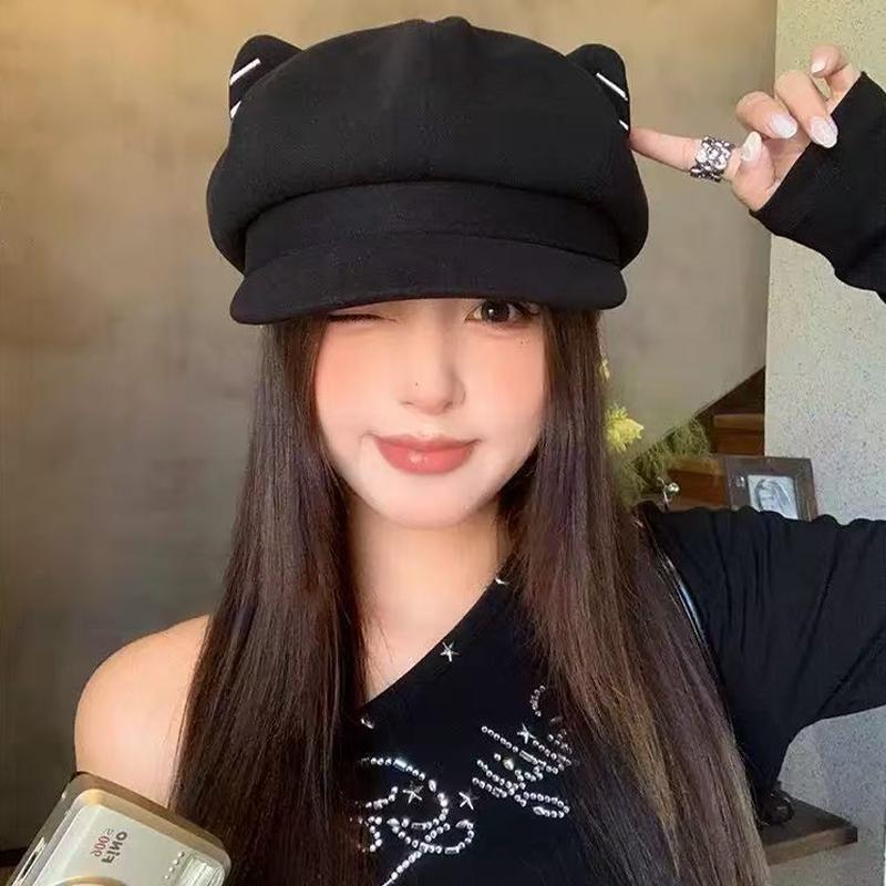 Japanese Style Cute Woolen Cat Ear Beret For Women Autumn And Winter Duckbill Octagonal Hat