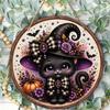 Cute Black Cat Witch Pumpkin Print Round Wooden Hanging Plaque Rustic Farmhouse Wall Decor Halloween Home Holiday Party Decorations