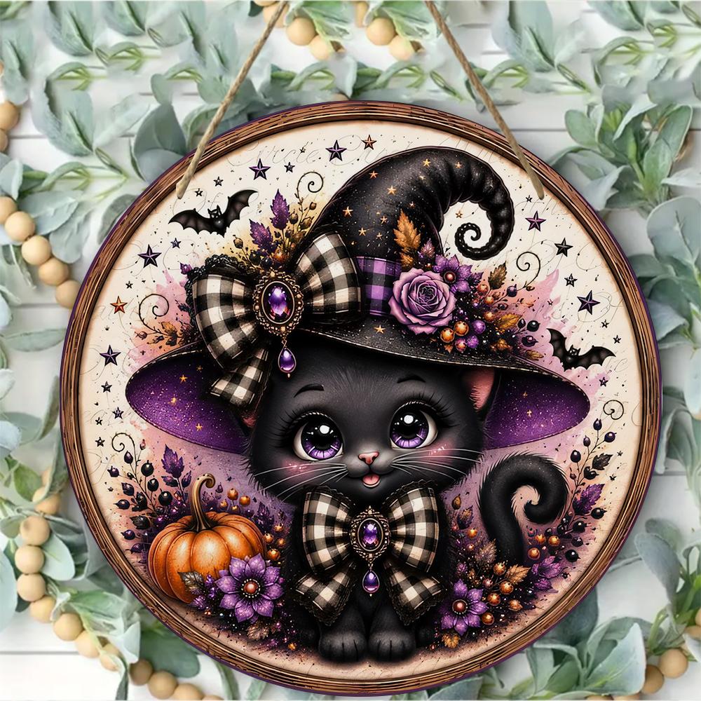 Cute Black Cat Witch Pumpkin Print Round Wooden Hanging Plaque Rustic Farmhouse Wall Decor Halloween Home Holiday Party Decorations