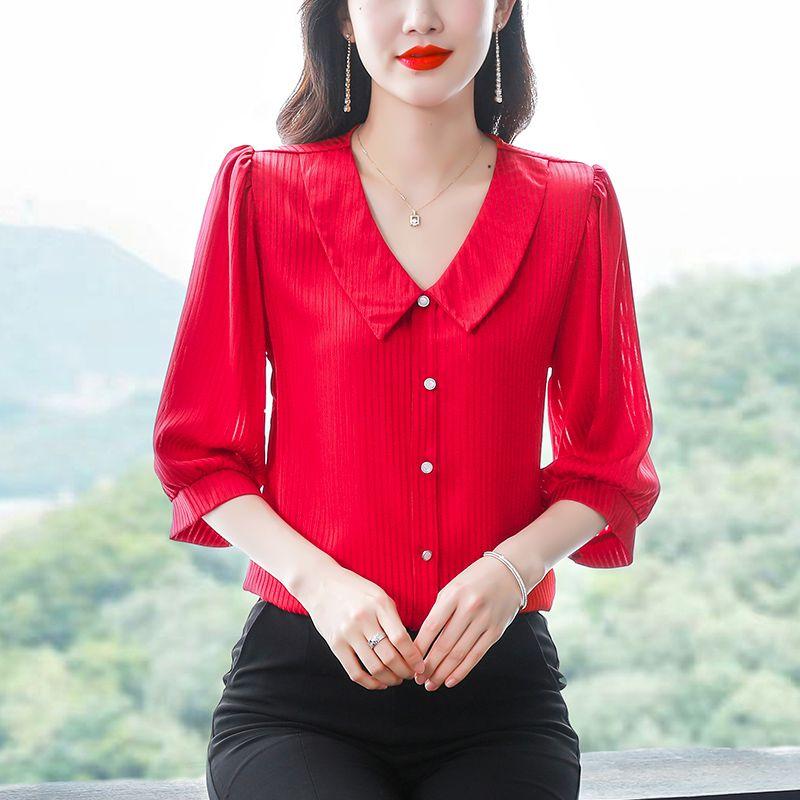 Fashion Chiffon Shirt 3/4 Sleeve Women's Summer New Mom Top Solid Color Doll Collar Bottoming Blouse M-4XL