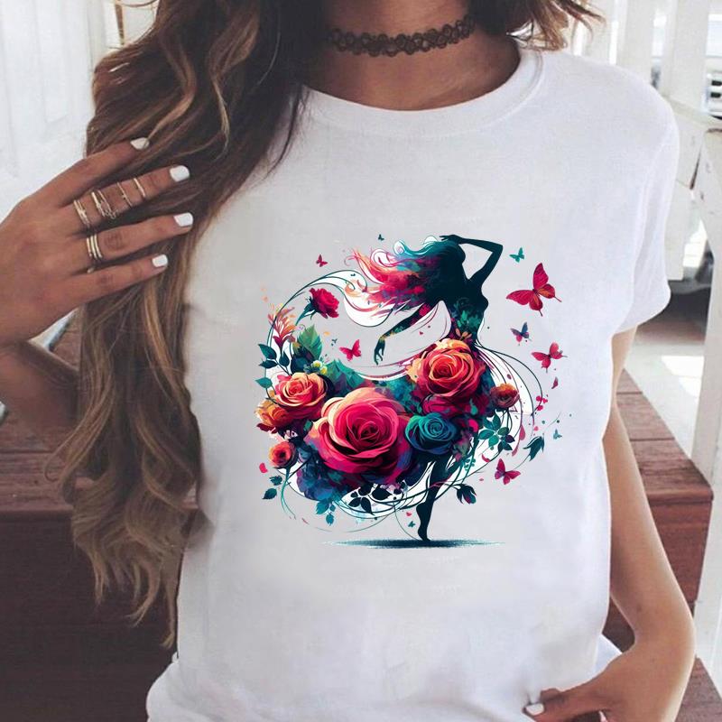 

(Asian Size) trend love flower lovely Graphic Tee Female Casual Fashion T Clothing Women s Top Print Short Sleeve T-shirts S