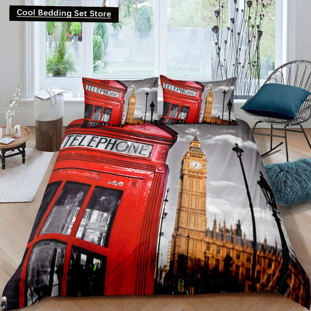 London Telephone Booth King Queen Duvet Cover The Big Ben Bedding Set Retro United Kingdom Quilt Cover Red Grey Comforter Cover
