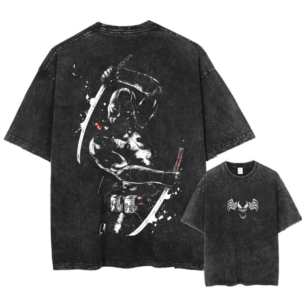 Marvel Venom Geprint T-shirt Trendy Casual Unisex Korte Mouwen Katoen Gewassen Vintage Los T-shirt