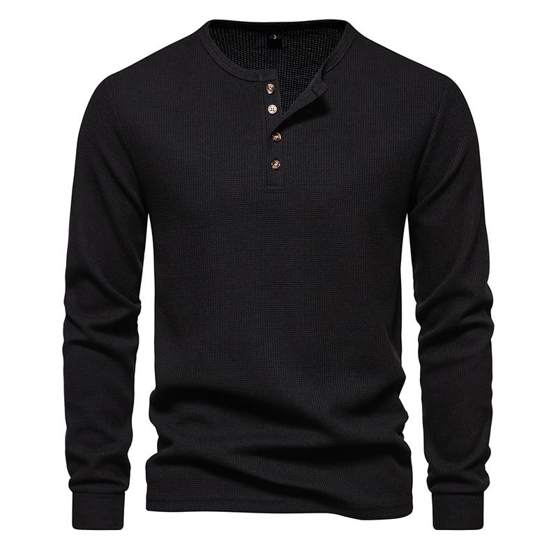 Waffle Henley T-Shirt Men Long Sleeve Basic Breathable Men's Tops Tee Shirts New Autumn Casual Solid Color Button T Shirts