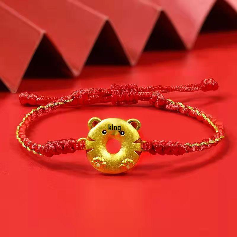 Wietnamska pozłacana bransoletka z tygrysem zodiakalnym na czerwonej nici - Szczęśliwy prezent dla pary