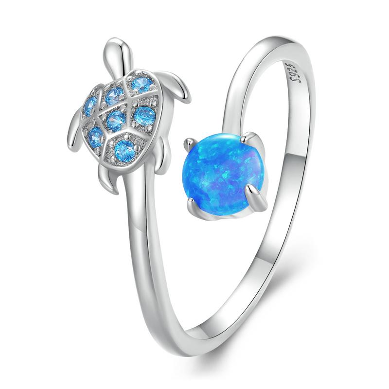 WOSTU Echter 925 Sterling Silber Blauer Schildkröte Feueropal Öffnungsring Für Damen Meeres-Tier Stapelbarer Ring Party Schmuck Geschenk R928