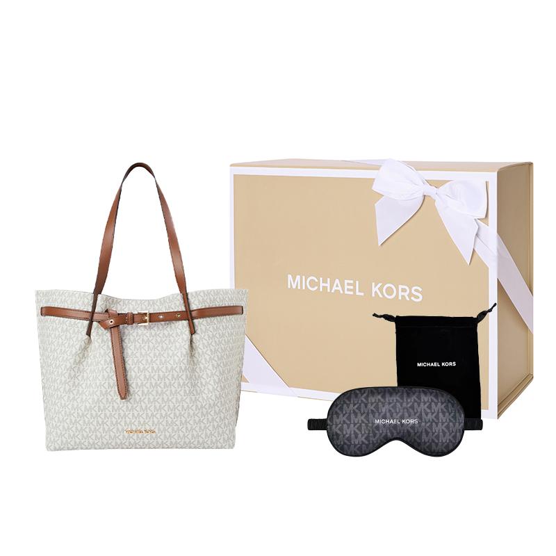 Michael Kors MK Emilia Borsa a Tote da Lavoro Fashion Design Monogramma Classico con Lacci in Pelle da Donna Vanilla-Bianco Pelle-Marrone 35S1GU5T7B-150