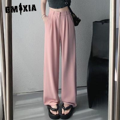 Pink High Waist Draped Wide Leg Pants Women's Summer Suit Pants Straight Peplum Casual Women's Pants