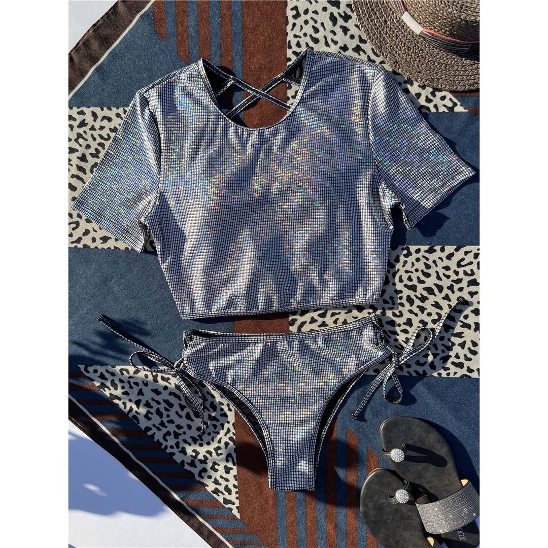 

Бикини в клетку с перекрестной спиной и короткими рукавами, женские купальники, женский купальник, комплект из двух частей, купальный костюм, купальный костюм для леди M серебряный