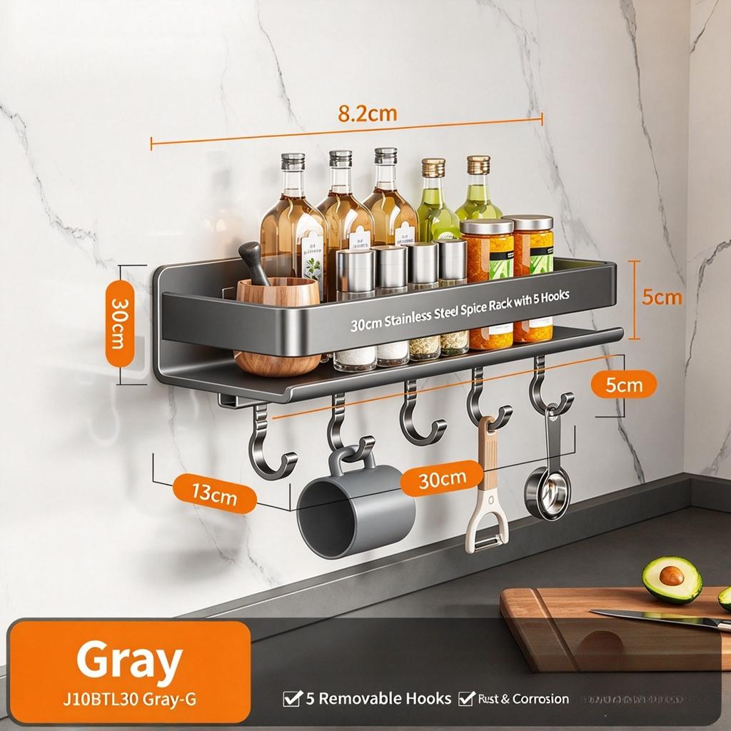 Porta spezie da cucina in acciaio inossidabile, Organizer multifunzione da parete per barattoli di condimenti, Condimenti e forniture da cucina