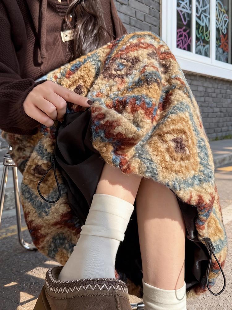 Women's Fair Isle Retro Polar Fleece Mid-Length Umbrella Skirt for Autumn/Winter