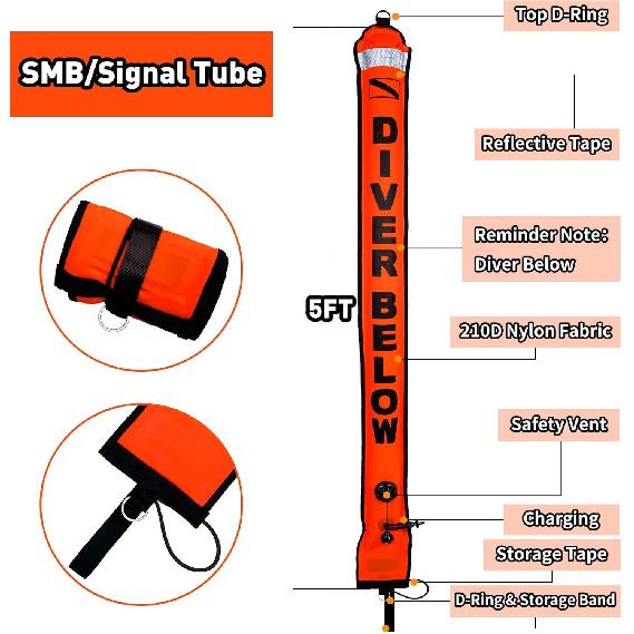 5ft Scuba Diving Surface Marker Buoy (SMB), Safety Sausage with Plastic 98ft Finger Spool Reel and Double Ended Hook Clip + Emergency Whistle for