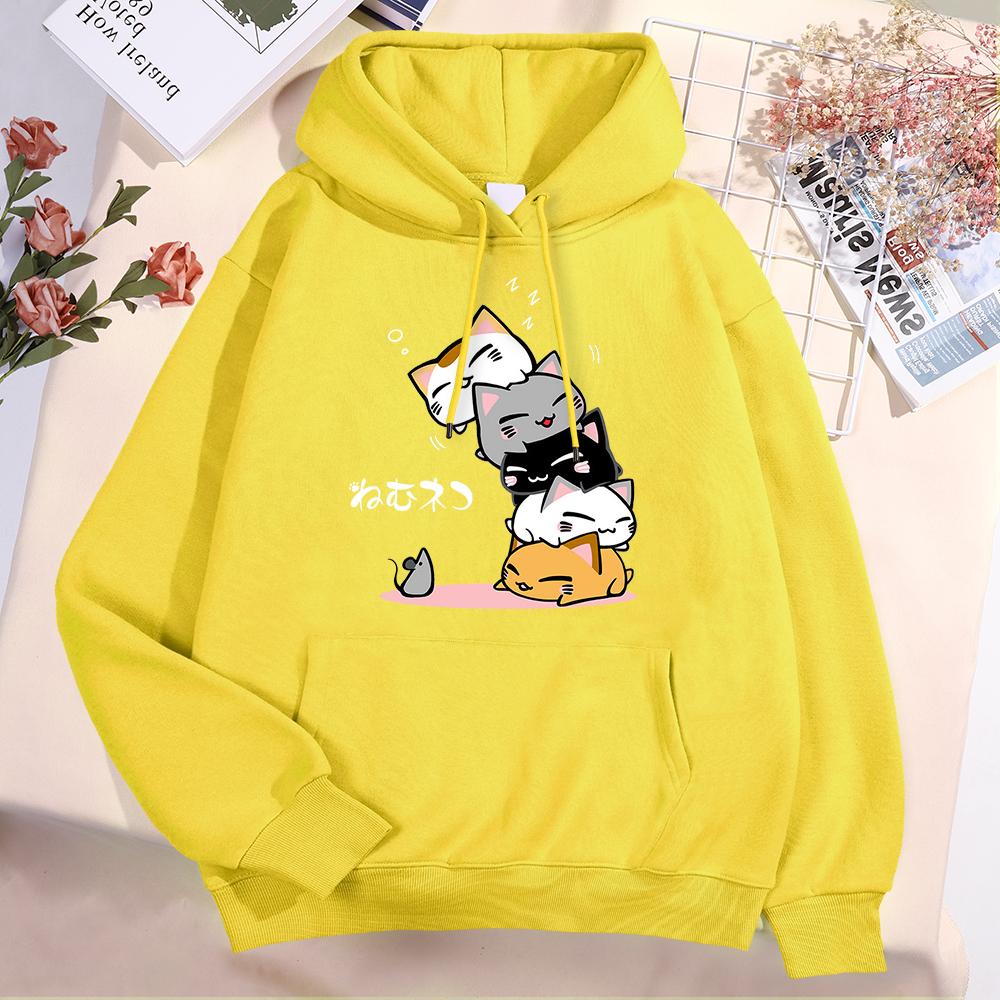 Cute Layered Cat Can't See The Mouse When Sleeping Hoodie Women's Fashion Round Neck Clothing Cute Hoodie Street  Sweatshirt