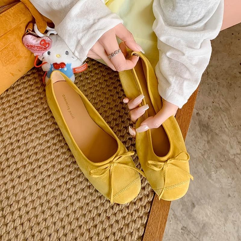 Fashion Spring New Style Women Flats Split Toe Shoes with Bow Soft Leather Bow Tie Front Shallow Slip on Girls Shoes Flats Ballet Shoes
