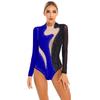 Womens Color Block Patchwork Leotard Sparkle Rhinestone Sheer Mesh Long Sleeve Bodysuit Gymnastics Acrobatics Dancewear