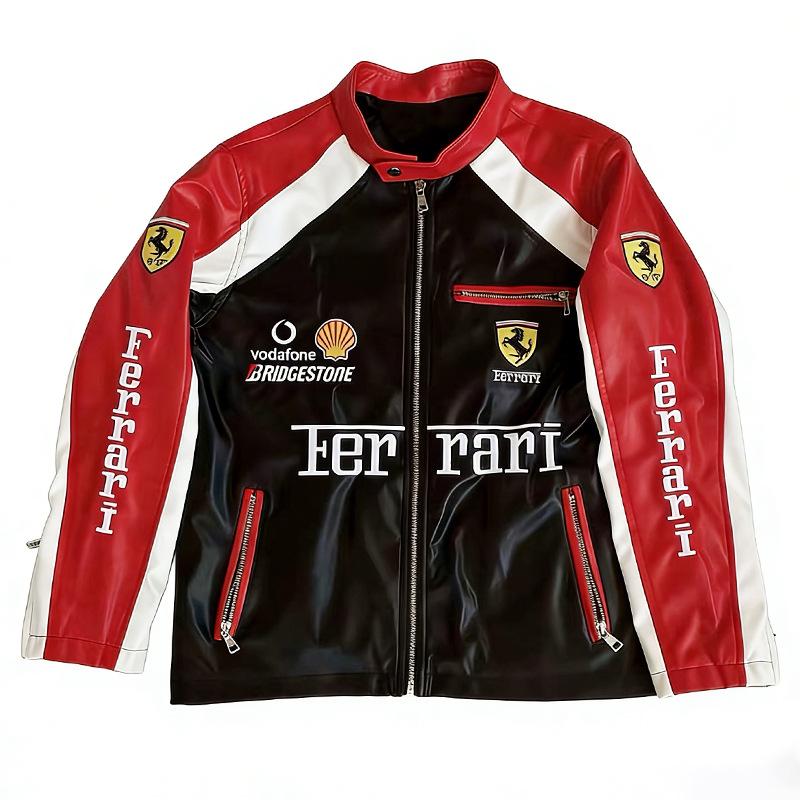 F1 Rennanzug Bestickte Lederjacke - Harley Retro Motorradstil, Baumwoll-Fahranzug, PU-Jacke
