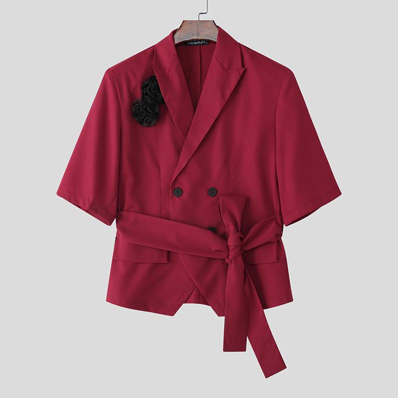 

INCERUN Летние мужские пиджаки с лацканами, с рукавами до локтя, на одной пуговице, с цветочным принтом, на шнуровке, повседневные, для вечеринок, короткие, тонкие S