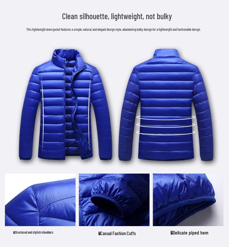 Men's Lightweight Down Jacket with Double Zipper and Stand Collar, 50% White Duck Down