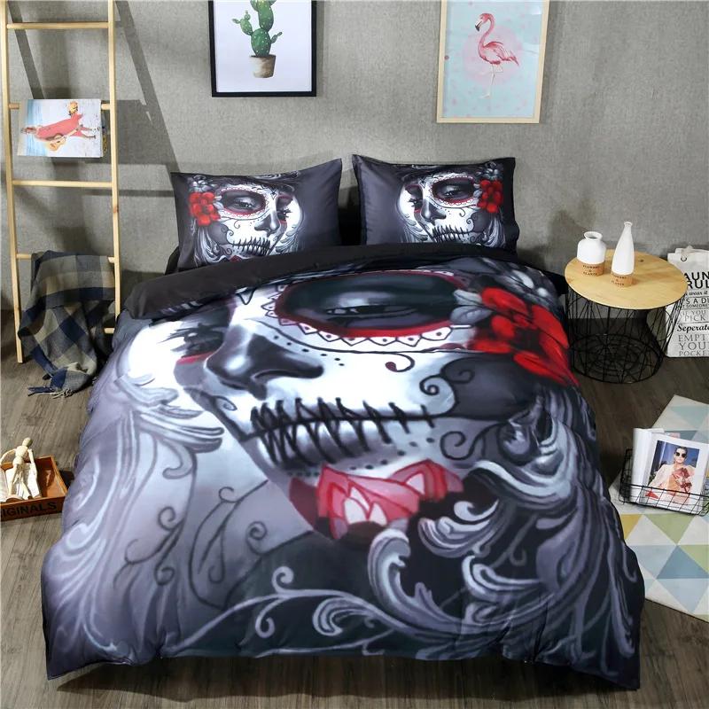 Σετ Κρεβατοκάμαρας Sugar Skull King Beauty Kiss Skull Πάπλωμα Σετ Κρεβατιού Μποέμ Πρίιτ Μαύρα Κλινοσκεπάσματα Queen Size Κρεβατοστρωσιά