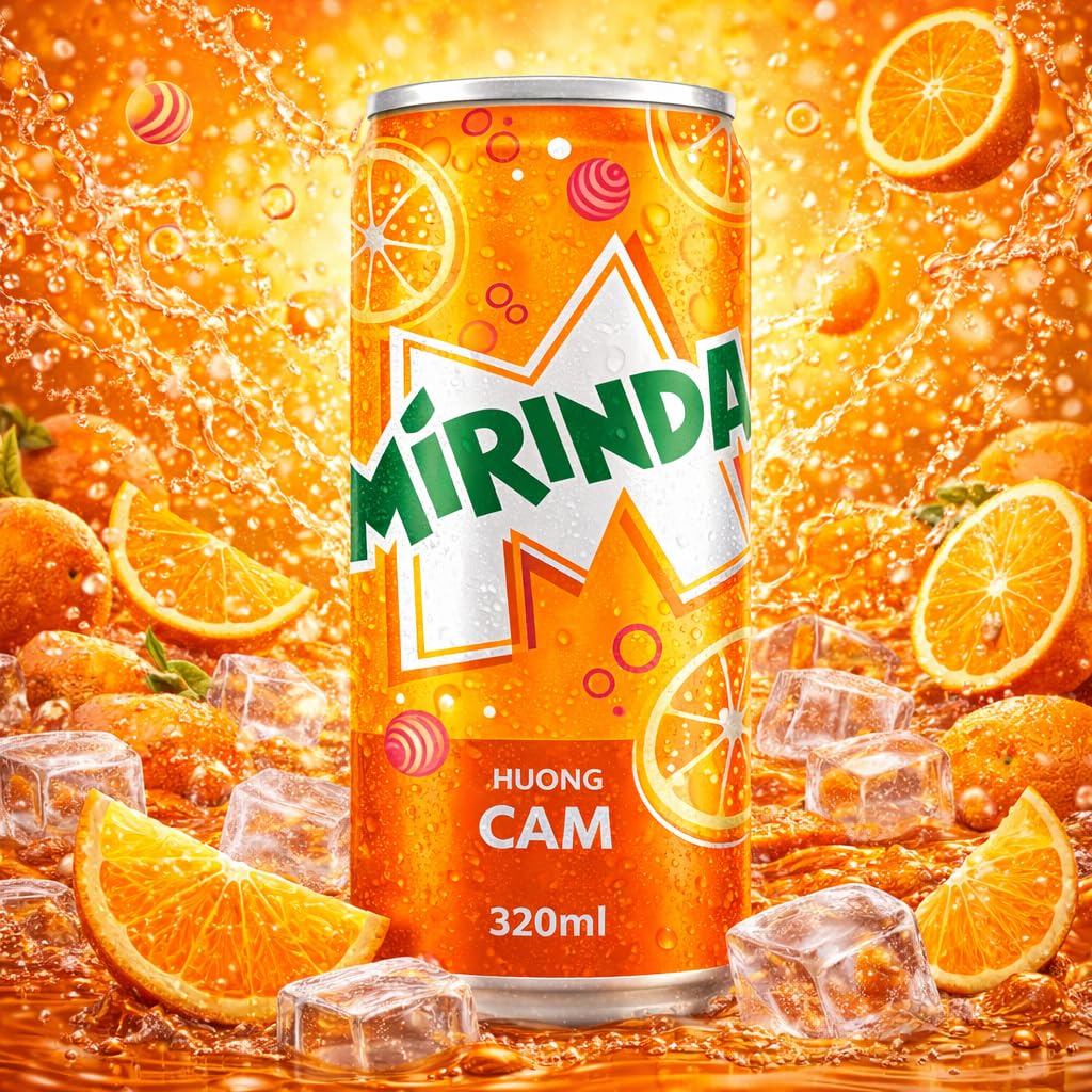 Refresco Carbonatado de Naranja Sabor Huong Cam Mirinda (Paquete de 3) Lata de 320 ml de COUGAR, Refrescante Soda Cítrica Gasificada, Bebida Espumosa Dulce y Ácida