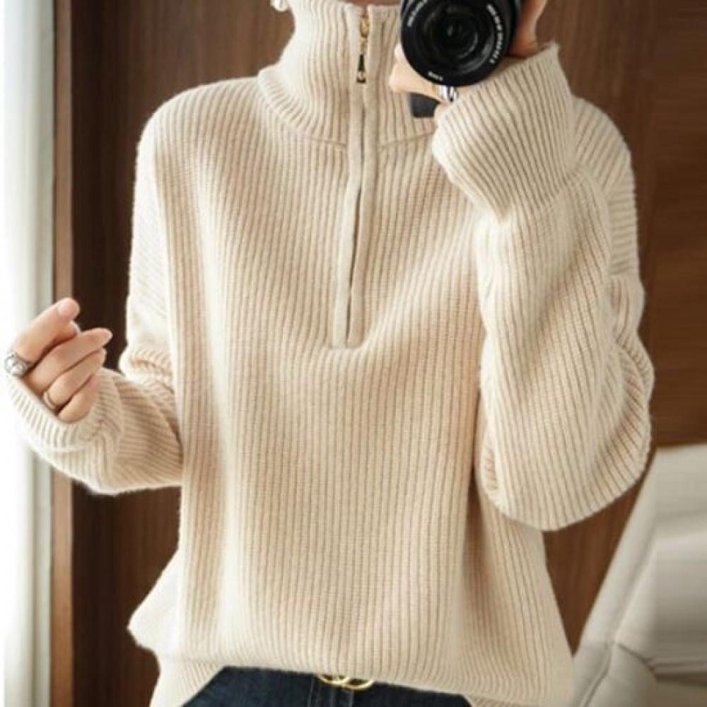 Navava Women S Soft Plain Ribbed Half Zip Collar Long Sleeve Knit Sweater Nk3481
