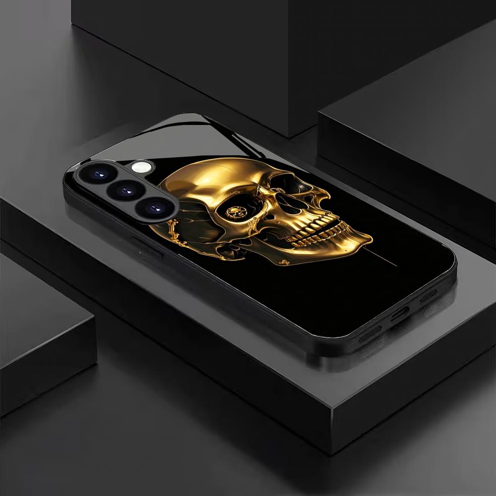 Gold Skull Black Glass Phone Case Suitable for Samsung Galaxy S26 S25 S24 S23 S22 S21 S20 FE/Ultra/Plus Anti Drop Back Cover