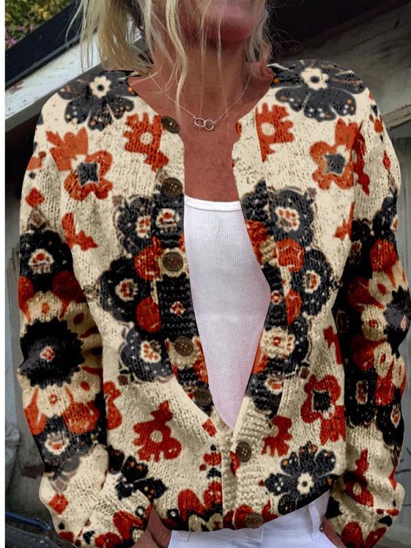 2025 Autumn/Winter Animal Print Round Neck Cardigan Sweater